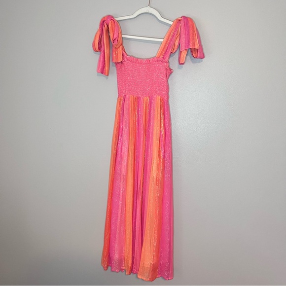 Sundress Melina Metallic Stripe Smocked Babydoll Midi Dress Marbella Pink Orange - Picture 2 of 9